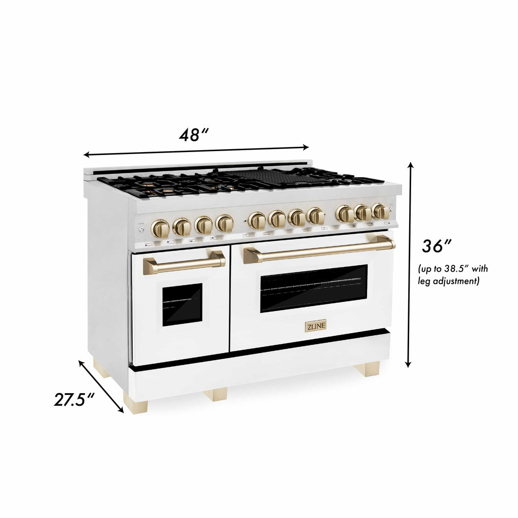 ZLINE Autograph Edition 48-Inch Dual Fuel Range with Gas Stove and Electric Oven in DuraSnow® Stainless Steel with White Matte Door and Gold Accents (RASZ-WM-48-G)