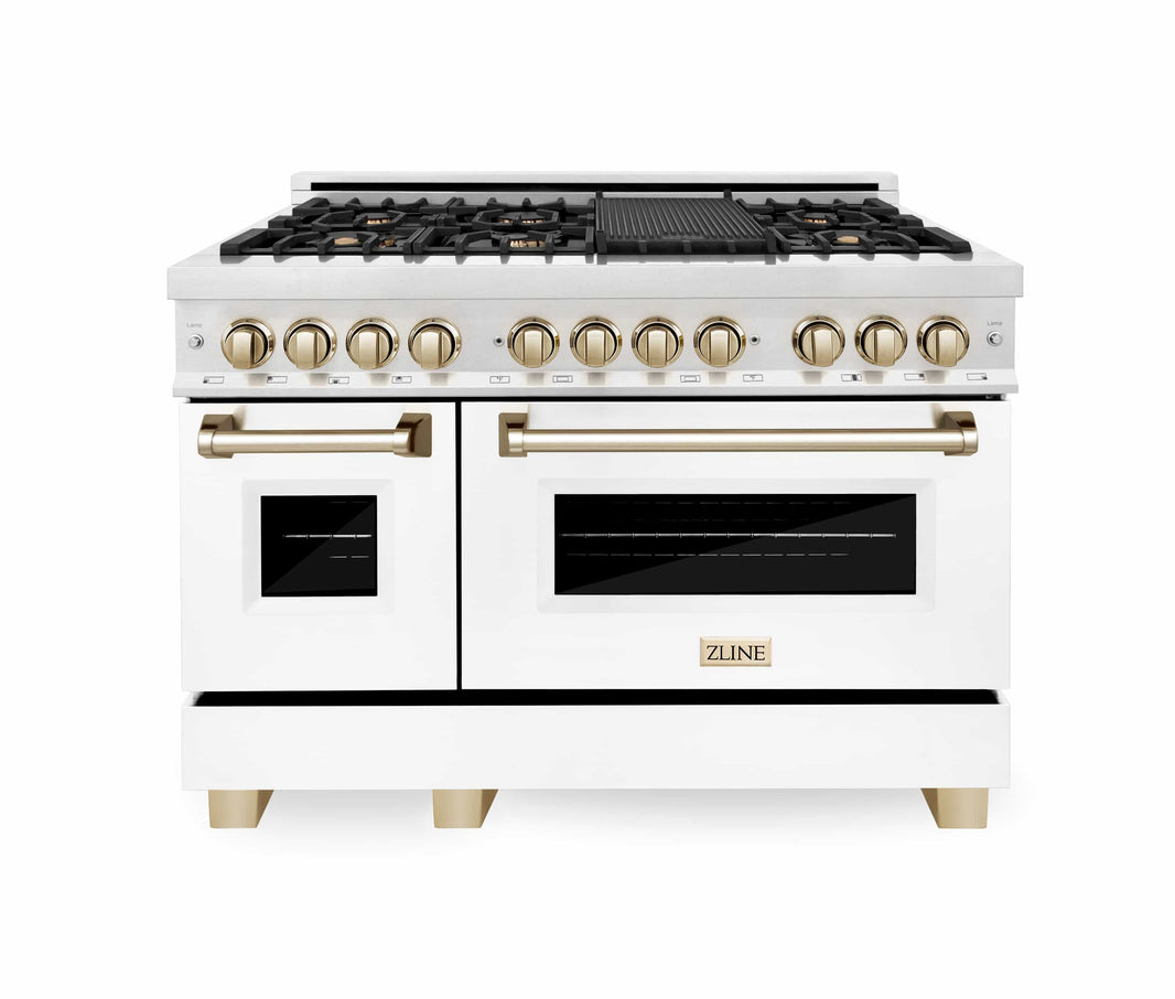 ZLINE Autograph Edition 48-Inch Dual Fuel Range with Gas Stove and Electric Oven in DuraSnow® Stainless Steel with White Matte Door and Gold Accents (RASZ-WM-48-G)