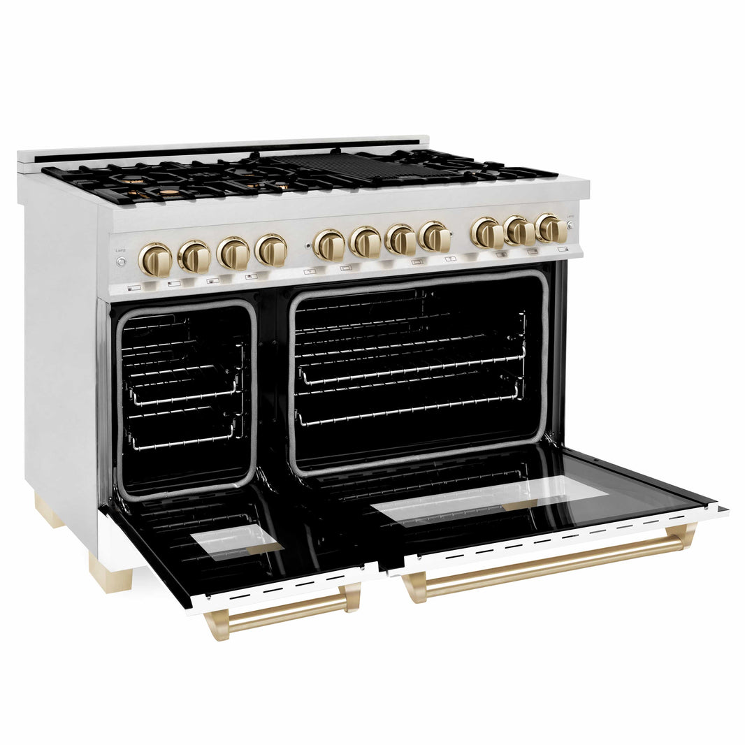 ZLINE Autograph Edition 48-Inch Dual Fuel Range with Gas Stove and Electric Oven in DuraSnow® Stainless Steel with White Matte Door and Gold Accents (RASZ-WM-48-G)