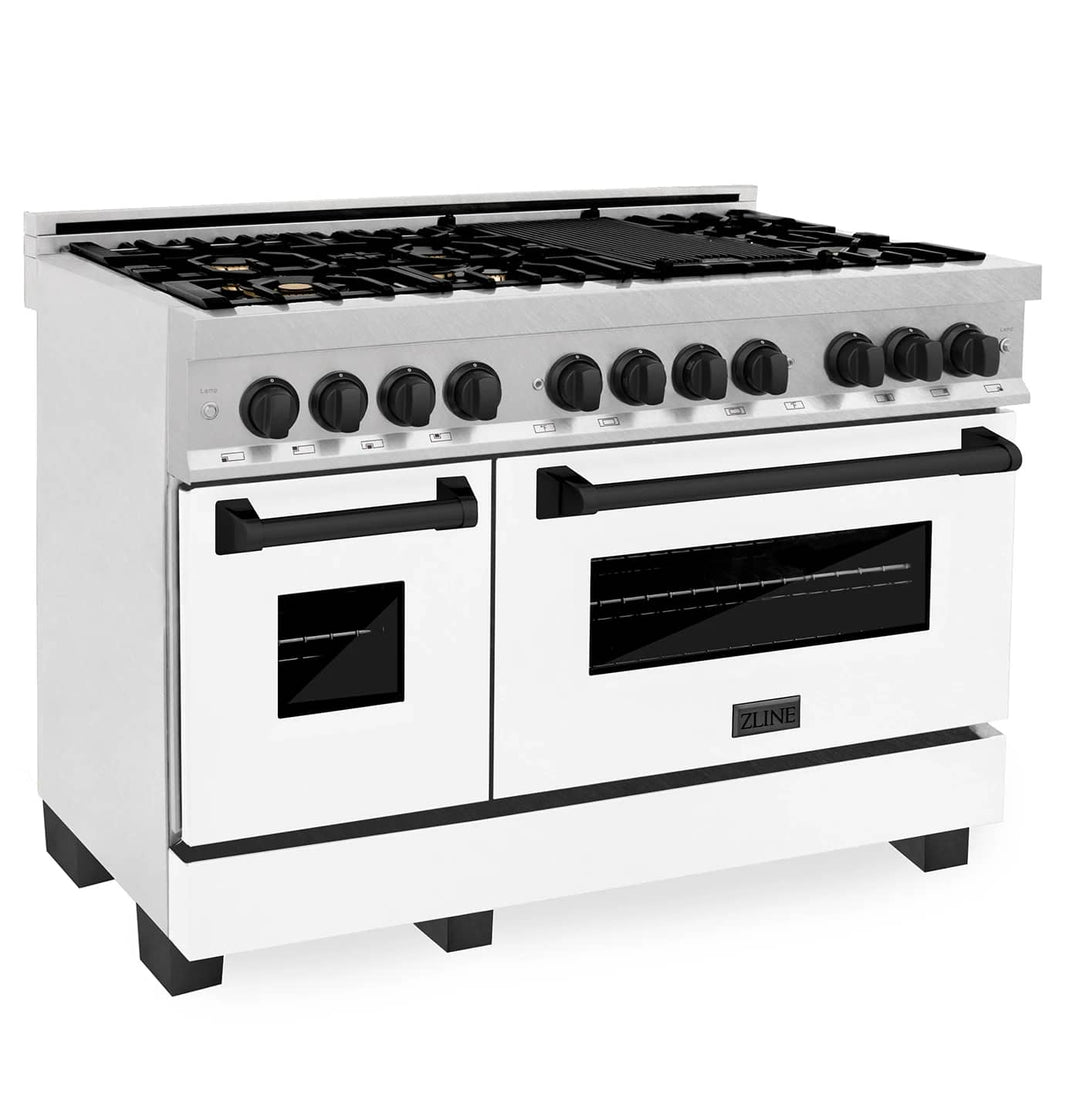 ZLINE Autograph Edition 48-Inch Dual Fuel Range with Gas Stove and Electric Oven in DuraSnow® Stainless Steel with White Matte Door and Matte Black Accents (RASZ-WM-48-MB)