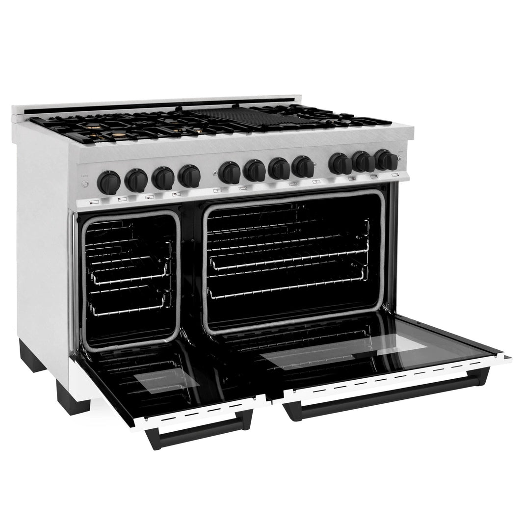 ZLINE Autograph Edition 48-Inch Dual Fuel Range with Gas Stove and Electric Oven in DuraSnow® Stainless Steel with White Matte Door and Matte Black Accents (RASZ-WM-48-MB)