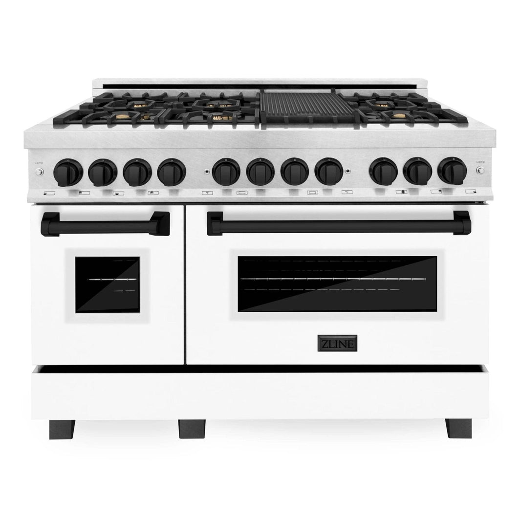 ZLINE Autograph Edition 48-Inch Dual Fuel Range with Gas Stove and Electric Oven in DuraSnow® Stainless Steel with White Matte Door and Matte Black Accents (RASZ-WM-48-MB)