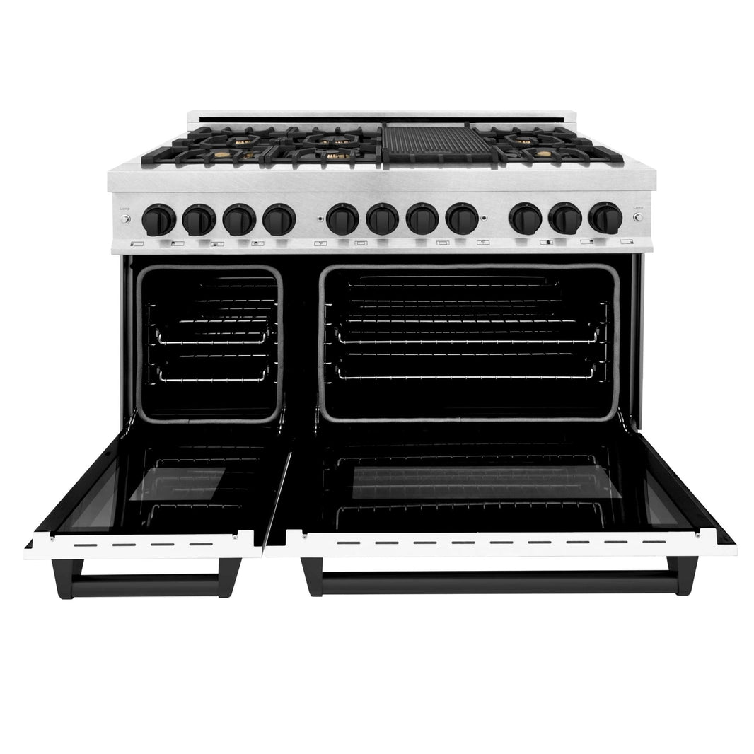 ZLINE Autograph Edition 48-Inch Dual Fuel Range with Gas Stove and Electric Oven in DuraSnow® Stainless Steel with White Matte Door and Matte Black Accents (RASZ-WM-48-MB)