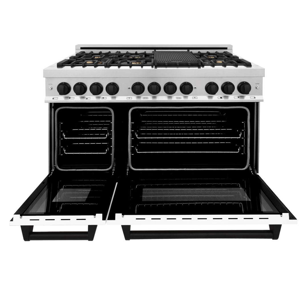 ZLINE Autograph Edition 48-Inch Dual Fuel Range with Gas Stove and Electric Oven in Stainless Steel with White Matte Door and Matte Black Accents (RAZ-WM-48-MB)