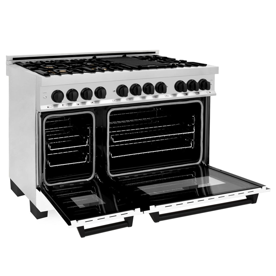 ZLINE Autograph Edition 48-Inch Dual Fuel Range with Gas Stove and Electric Oven in Stainless Steel with White Matte Door and Matte Black Accents (RAZ-WM-48-MB)