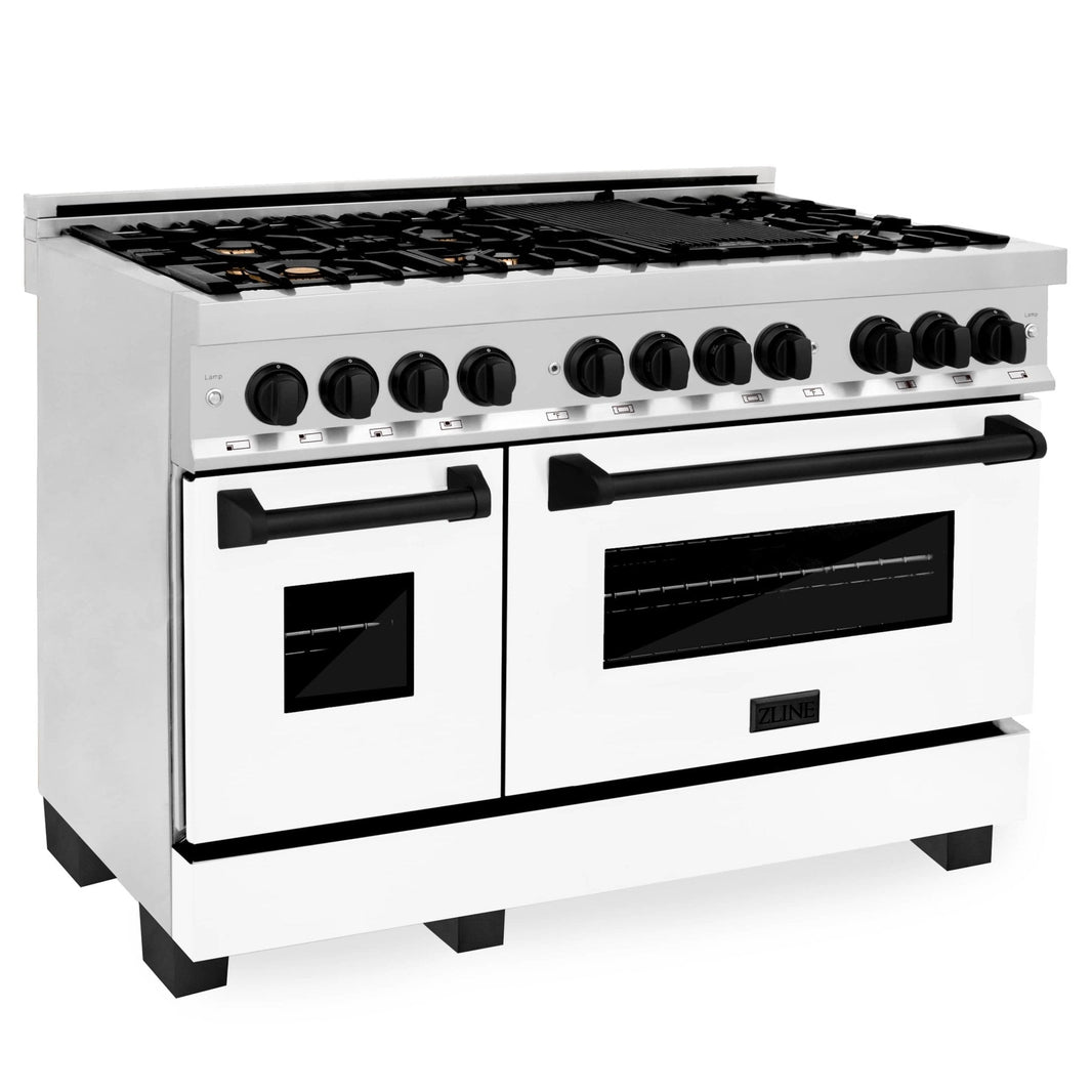 ZLINE Autograph Edition 48-Inch Dual Fuel Range with Gas Stove and Electric Oven in Stainless Steel with White Matte Door and Matte Black Accents (RAZ-WM-48-MB)