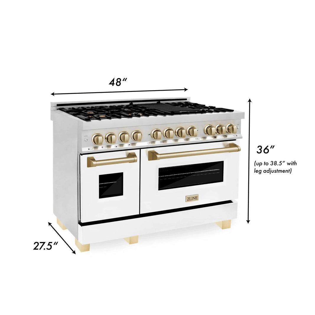 ZLINE Autograph Edition 48-Inch Dual Fuel Range With Gas Stove / Electric Oven in Stainless Steel with White Matte Doors and Gold Accents (RAZ-WM-48-G)