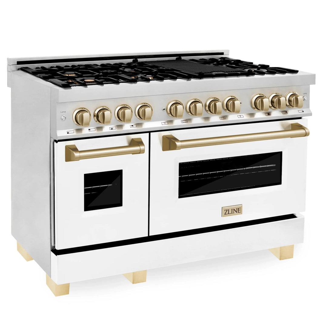 ZLINE Autograph Edition 48-Inch Dual Fuel Range With Gas Stove / Electric Oven in Stainless Steel with White Matte Doors and Gold Accents (RAZ-WM-48-G)