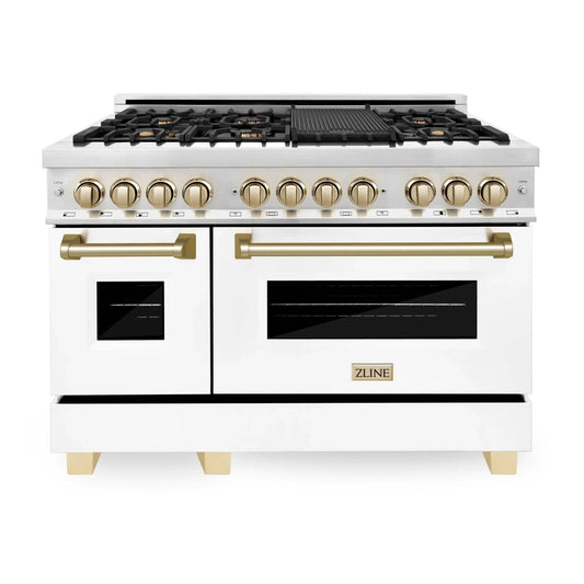 ZLINE Autograph Edition 48-Inch Dual Fuel Range With Gas Stove / Electric Oven in Stainless Steel with White Matte Doors and Gold Accents (RAZ-WM-48-G)