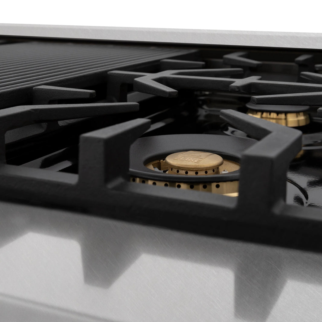 ZLINE Autograph Edition 48-Inch Porcelain Rangetop with 7 Gas Burners in DuraSnow® Stainless Steel and Champagne Bronze Accents (RTSZ-48-CB)