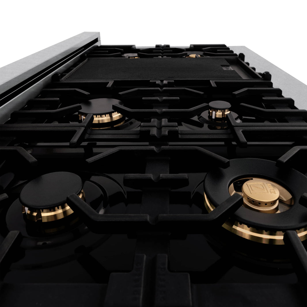 ZLINE Autograph Edition 48-Inch Porcelain Rangetop with 7 Gas Burners in DuraSnow® Stainless Steel and Gold Accents (RTSZ-48-G)