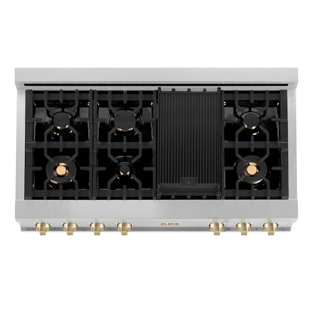 ZLINE Autograph Edition 48-Inch Porcelain Rangetop with 7 Gas Burners in DuraSnow® Stainless Steel and Gold Accents (RTSZ-48-G)