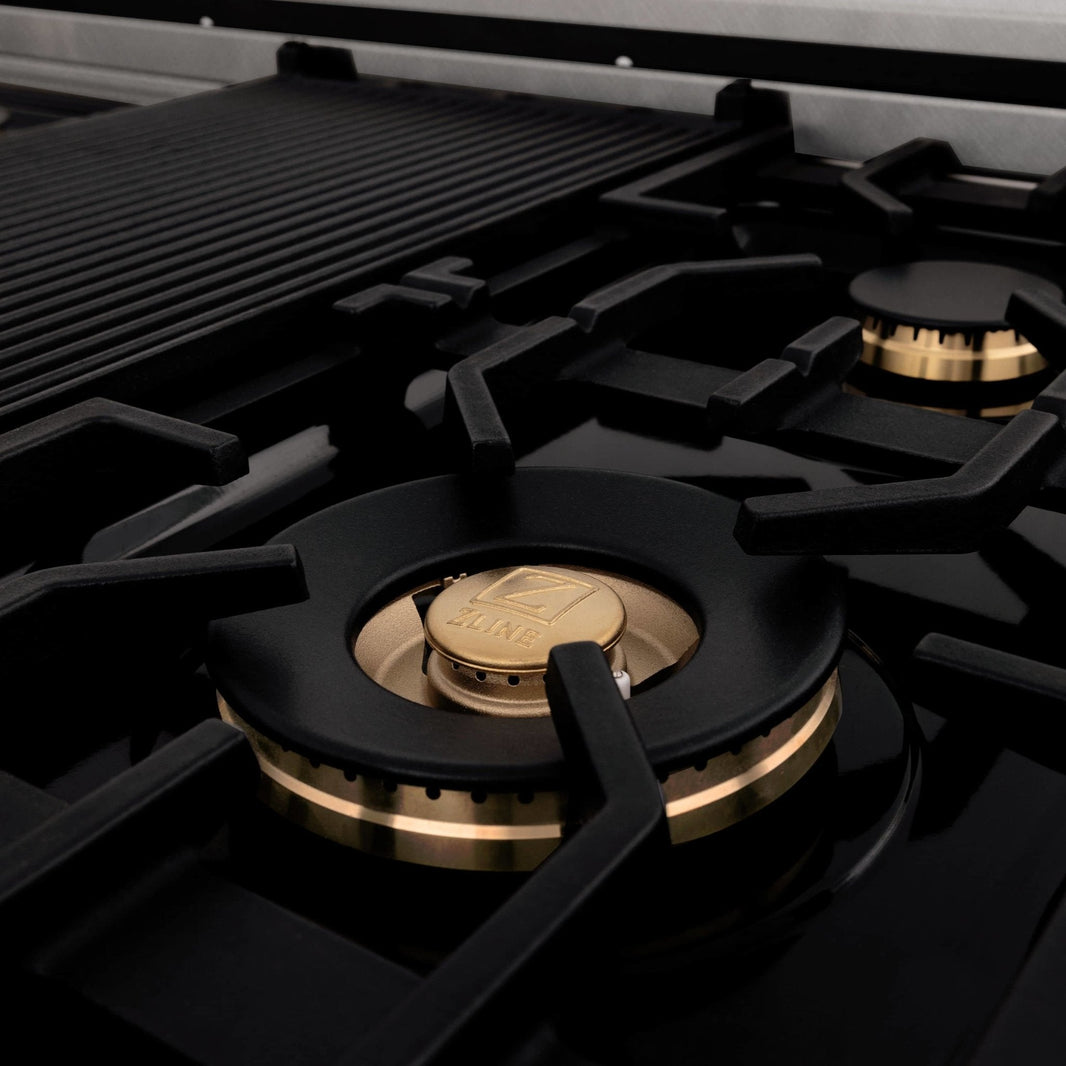 ZLINE Autograph Edition 48-Inch Porcelain Rangetop with 7 Gas Burners in DuraSnow® Stainless Steel and Gold Accents (RTSZ-48-MB)