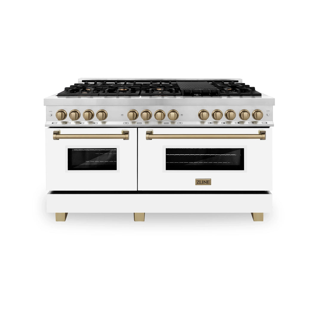 ZLINE Autograph Edition 60-Inch Dual Fuel Range with Gas Stove and Electric Oven in Stainless Steel with White Door and Bronze Accents (RAZ-WM-60-CB)