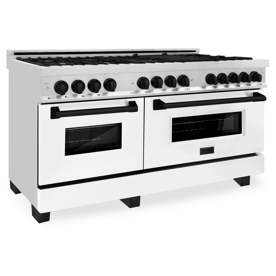 ZLINE Autograph Edition 60-Inch Dual Fuel Range, Gas Stove & Electric Oven in Stainless Steel, White Matte Door and Matte Black Accents (RAZ-WM-60-MB)