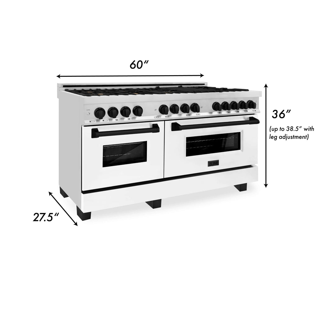 ZLINE Autograph Edition 60-Inch Dual Fuel Range, Gas Stove & Electric Oven in Stainless Steel, White Matte Door and Matte Black Accents (RAZ-WM-60-MB)