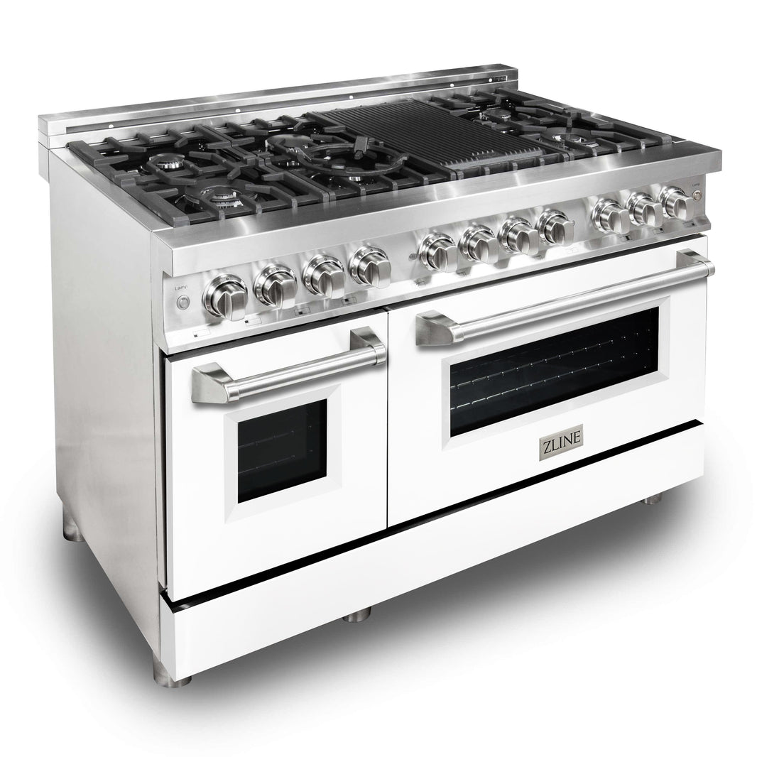 ZLINE 48-Inch Dual Fuel Range with 6.0 cu. ft. Electric Oven and Gas Cooktop and Griddle and White Matte Door in Stainless Steel (RA-WM-GR-48)