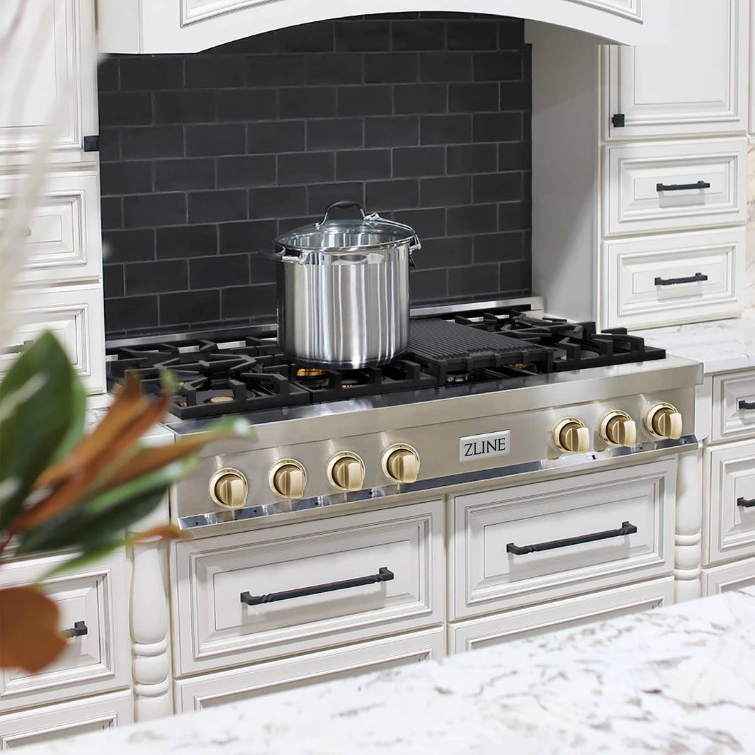 ZLINE Autograph Edition 48-Inch Porcelain Rangetop with 7 Gas Burners in Stainless Steel and Gold Accents (RTZ-48-G)