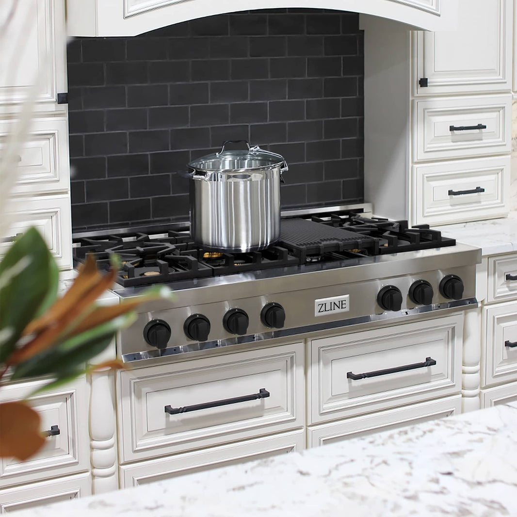 ZLINE Autograph Edition 48-Inch Porcelain Rangetop with 7 Gas Brass Burners in Stainless Steel and Gold Accents (RTZ-48-MB)