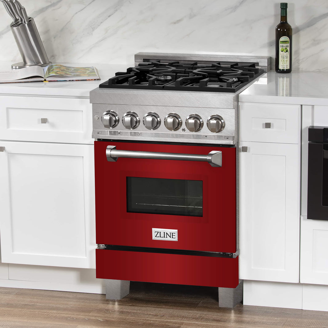 ZLINE 24-Inch Professional Dual Fuel Range with Red Gloss Door in DuraSnow Stainless Steel (RAS-RG-24)