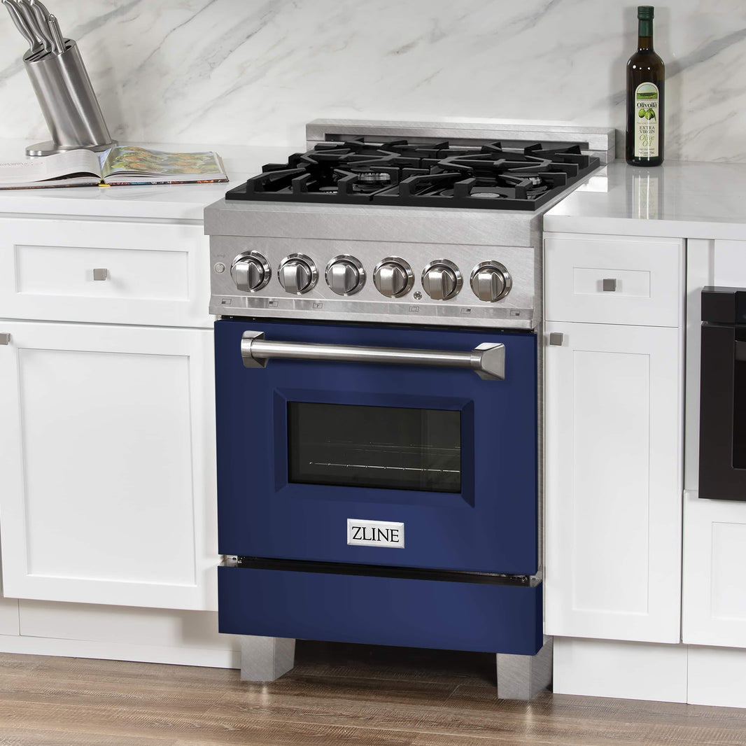 ZLINE 24-Inch 2.8 cu. ft. Dual Fuel Range with Gas Stove and Electric Oven in DuraSnow Stainless Steel and Blue Gloss Door (RAS-BG-24)