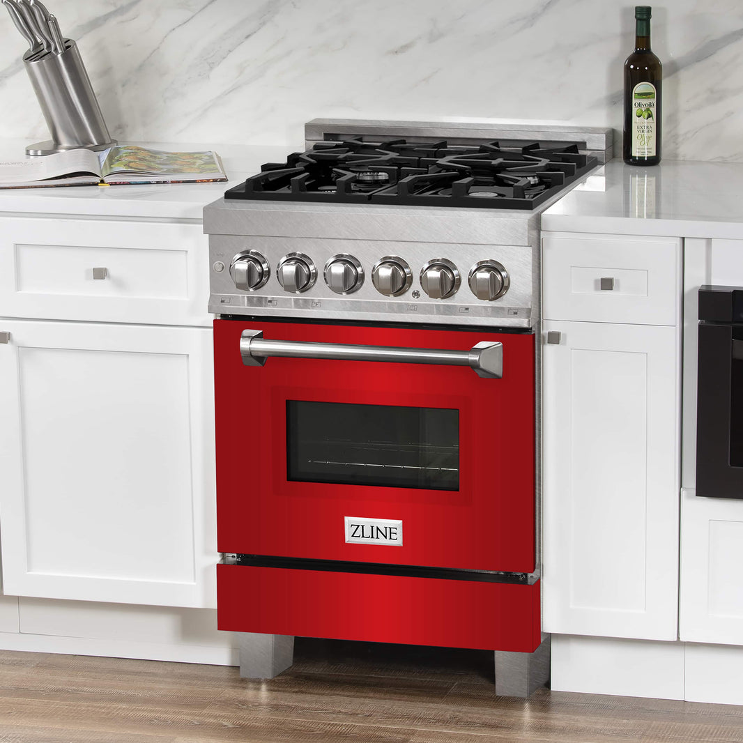 ZLINE 24-Inch Professional Dual Fuel Range with Red Matte Door in DuraSnow Stainless Steel (RAS-RM-24)