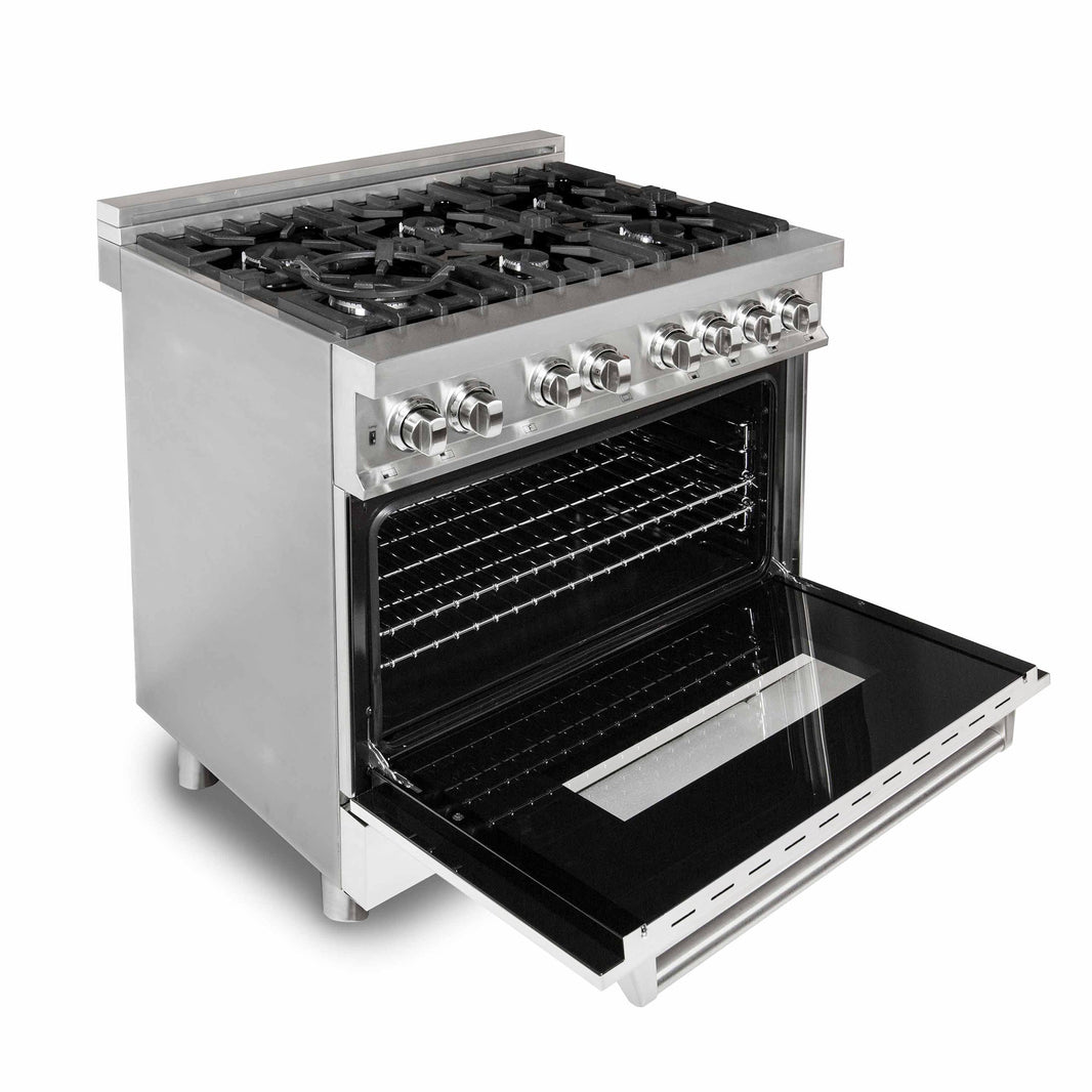 ZLINE 36-Inch Dual Fuel Range with 4.6 cu. ft. Electric Oven and Gas Cooktop and Griddle and White Matte Door in Stainless Steel (RA-WM-GR-36)