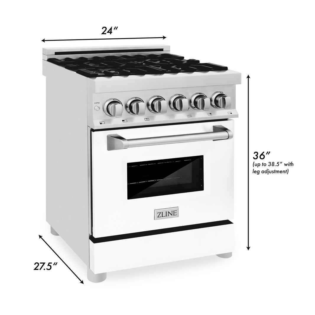 ZLINE 24-Inch Dual Fuel Range with 2.8 cu. ft. Electric Oven and Gas Cooktop and Griddle and White Matte Door in Stainless Steel (RA-WM-GR-24)