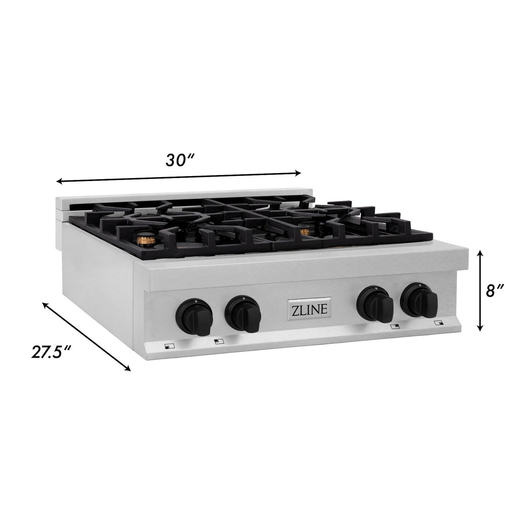 ZLINE Autograph Edition 30-Inch Porcelain Rangetop with 4 Gas Burners in DuraSnow Stainless Steel with Matte Black Accents (RTSZ-30-MB)